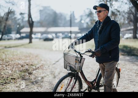Ein älterer Herr in Mütze und Jacke steht neben seinem Fahrrad und sonnt sich im Sonnenlicht in einem friedlichen Park. Stockfoto