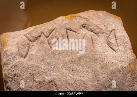 Sandsteinstele mit restlichen Schriften in iberischen Schriftzeichen, IV bis I BC, Los Chorrillos, Mengibar, Iberisches Museum von Jaén, Andalusien, Spanien Stockfoto