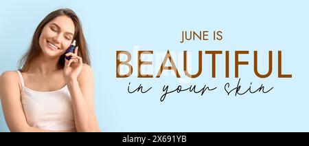 Banner für schöne in Ihrer Haut Monat mit jungen Frauen mit Kosmetikserum Stockfoto