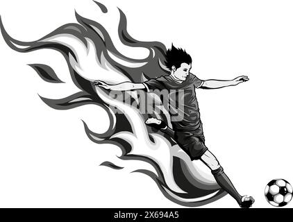 Fußballspieler Flame Kick-Flame ist ein Fußballsportler, der seinen Power-Kick verrichtet Stock Vektor