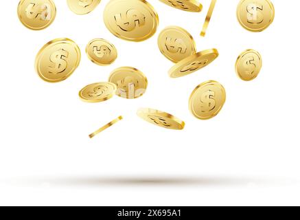 Goldene Münzen fallen auf weiß. 3D Goldgeld isolierte Münzen Hintergrundkonzept für Unternehmen Stock Vektor