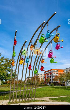 Ostfildern - Scharnhauser Park, der Froschwasserbrunnen ist Teil der dreiteiligen Installation Lustgarten, die 2002 für die Landesgartenschau Ostfildern von der Stuttgarter Künstlerin rosalie geschaffen wurde Stockfoto