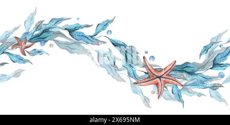 Algen in Form einer Welle mit Seesternen und Wasserblasen. Aquarellillustration handgezeichnet in Türkis und Korallenfarben. Nahtloser Rand Stockfoto