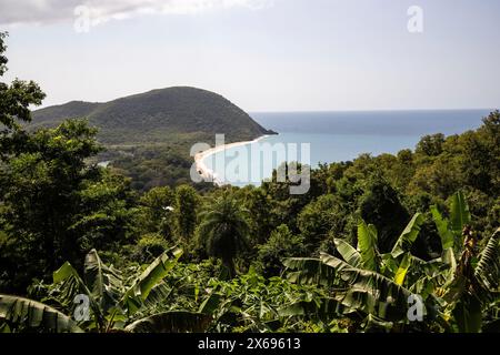 Guadeloupe, eine karibische Insel auf den französischen Antillen. Blick auf den Sandstrand von Guadeloupe. Karibische Urlaubslandschaft. Strand Grande Anse auf der Insel Basse-Terre. Eine abgeschiedene Bucht. Stockfoto