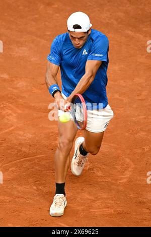 Rom, Italien. Mai 2024. Sebastian Baez von Argentinien im Spiel gegen Holger Rune von Dänemark beim Internazionali BNL d’Italia 2024 Tennis Turnier im Foro Italico in Rom, Italien am 13. Mai 2024. Sebastian Baez besiegte Holger Rune mit 2:6, 6:2, 6:3. Quelle: Insidefoto di andrea staccioli/Alamy Live News Stockfoto