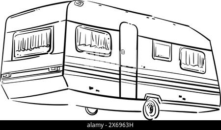 Handgezeichneter Camper-Umriss-Symbol. Trailer für Campingurlaub und Reise, Tourismus und Reisekonzept. Illustration von Vektorskizzen für Druck, Web Stock Vektor