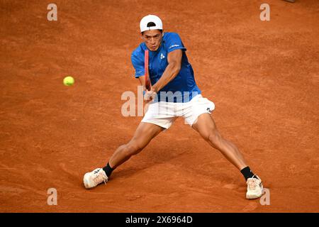 Rom, Italien. Mai 2024. Sebastian Baez von Argentinien im Spiel gegen Holger Rune von Dänemark beim Internazionali BNL d’Italia 2024 Tennis Turnier im Foro Italico in Rom, Italien am 13. Mai 2024. Sebastian Baez besiegte Holger Rune mit 2:6, 6:2, 6:3. Quelle: Insidefoto di andrea staccioli/Alamy Live News Stockfoto