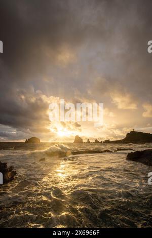 Pointe des Chateaux mit Blick auf Pointes des Colibris, raue Küste und Bucht bei dramatischem Sonnenaufgang. Guadeloupe, Französische Antillen in der Karibik Stockfoto