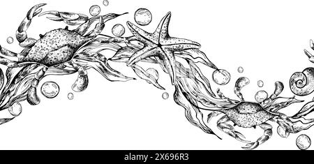 Blaue Krabben, wellenförmige Algen mit Seesternen und Wasserblasen. Grafische Abbildung, handgezeichnet mit schwarzer Tinte. EPS-Vektor für nahtlose Musterbegrenzung. Stock Vektor