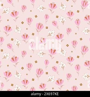 Rosa Tulpen Millefleur Wiese zarte Pastell Hintergrundfarbe Blumen winziges nahtloses Muster. Blumenmuster Stock Vektor