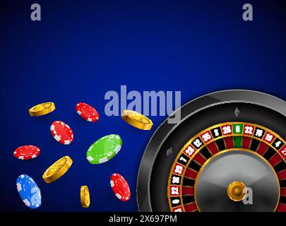 Casino Roulette mit Chips, roten Würfeln, realistischem Spielplakat. Casino vegas Fortune Roulette Design Flyer Stock Vektor
