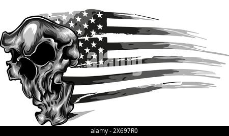 Darstellung eines Schwarzweiß-Emblems des Schädels mit vektor der us-Flagge Stock Vektor