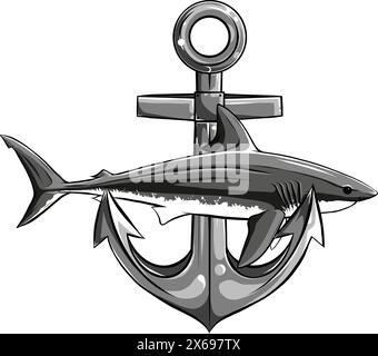 Einfarbiger weißer Hai mit Anker-Vektor-Design Stock Vektor
