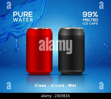 Wasserflasche mit mineralischem Hintergrund. Metall-Wasserflasche Werbung Getränkekühler, Spritzwasser-Produkt aus klarem Wasser Stock Vektor