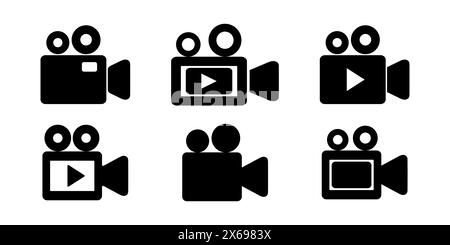 Set aus flachen Videokamera-Symbolen mit Kinokamera, Filmkamera und Wiedergabetaste. Multimedia-Symbole in Schwarz auf weißem Hintergrund. Für Videoprodukte Stock Vektor