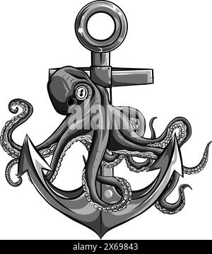 Monochrome Oktopus und Anker isolierte Illustration, Vektor Stock Vektor