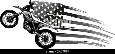Monochrom-Motocross mit us-Flagge auf weißem Hintergrund Stock Vektor