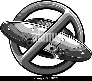 Vektorillustration eines verbotenen Schwarzweißsymbols mit UFO Stock Vektor