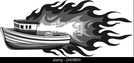 Einfarbiges Fischboot mit Flammenvektor-Illustration Stock Vektor