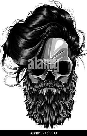 Schwarzweiß-Schädel mit Schnurrbart und Bart Hipster-Vektordarstellung Stock Vektor