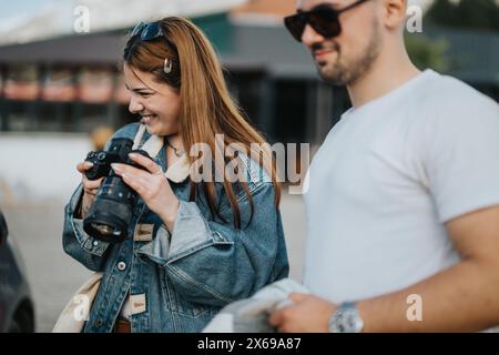 Junge Frau, die mit einem Freund im Freien fotografiert, in einer ungezwungenen Umgebung Stockfoto