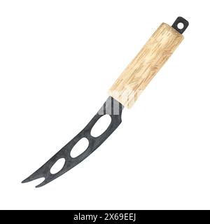 Käsemesser. Silbernes schwarzes Besteck mit leichtem Holzgriff. Handgezeichnete Aquarellillustration isoliert auf weißem Hintergrund. Gute Küche, Design Stockfoto