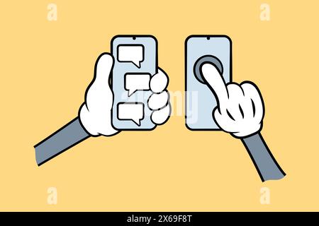 Handy in den Händen. Cartoon-Hände halten das Smartphone und kleben auf dem Touchscreen. Stock Vektor