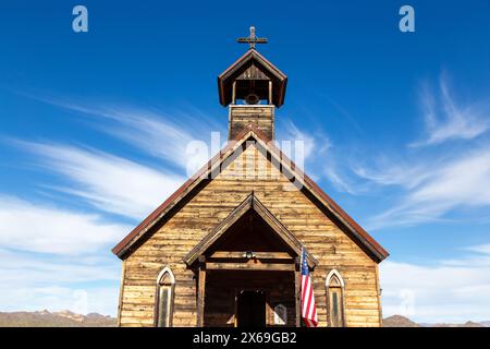 Historische Goldfield Ghost Town Church Eingangstür Oldtimer Building Außenansicht Bergbaustadt vergangene Tage Relic Apache Junction, Arizona USA Stockfoto