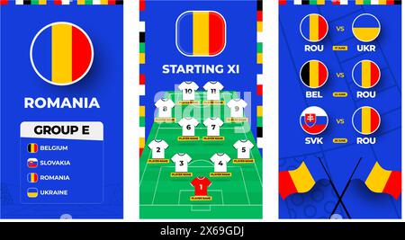 Rumänische Fußballmannschaft 2024 vertikales Banner für soziale Medien. Fußball 2024 Banner Set mit Gruppe, Pinnfahne, Spielplan und Aufstellung auf Fußball f Stock Vektor