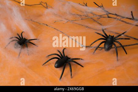 Halloween-Dekorationen, Kürbisse, Netz, Stacheln auf orangem Hintergrund. Halloween-Party-Grußkarte. Stockfoto