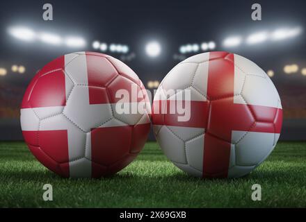 Zwei Fußballbälle in Flaggenfarben auf einem verschwommenen Hintergrund. Gruppe C. Dänemark und England. 3D-Bild. Stockfoto