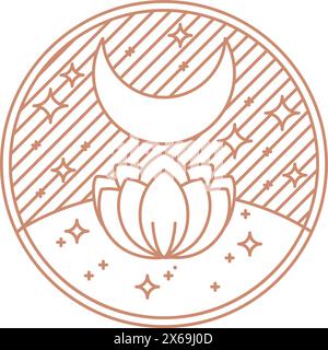 Mystisches braunes Boho-Logo. Nachtlotus mit Mond und Sternen am Himmel, runde Form, ästhetische Ikone. Stock Vektor