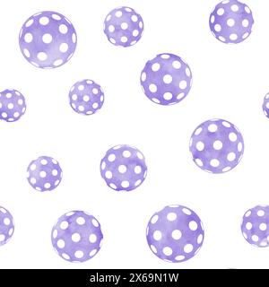 Nahtloses Muster aus violetten Kugeln, modernes Spiel Pickleball. Aquarell handgezeichnet Grunge runde geometrische Formen Textur. Aquarelldruck für Textilien, Stockfoto