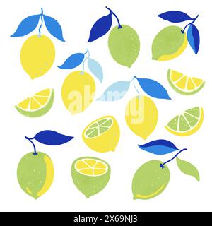 Set Zitronenfrüchte und Zweige. Vektorillustration in zeitgenössischem minimalistischem Stil. Stock Vektor