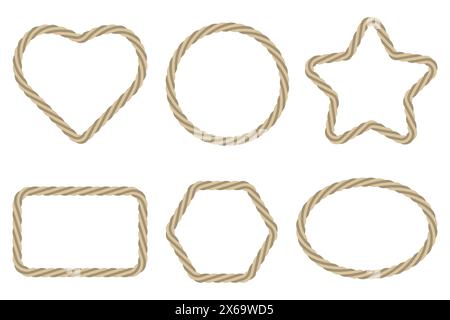 Rahmen in Seilform. Herzkreisstern. Sechseckig rechteckig oval. Nautisches Vektordesign. Stock Vektor
