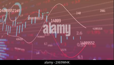 Bild von sich ändernden Zahlen über mehrere Diagramme und Trading Board vor schwarzem Hintergrund Stockfoto