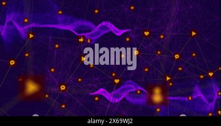 Bild von Social-Media-Symbolen, die mit Linien über abstraktem Muster verbunden sind Stockfoto