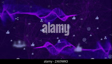 Bild von Social-Media-Symbolen, die mit Linien über Mesh-Netzwerke verbunden sind Stockfoto