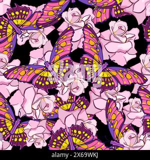 Nahtloses Blumenmuster mit Schmetterlingen und Rosen Vektor Illustration Stock Vektor