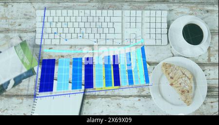 Abbildung von Diagrammen, Draufsicht der Tastatur, Kaffee, Essen, Morgen und guter Text auf Notizen Stockfoto