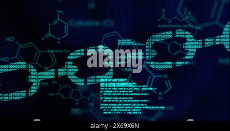 Bild wissenschaftlicher Daten und Blockkette auf schwarzem Hintergrund Stockfoto