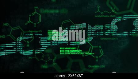 Bild wissenschaftlicher Daten und Blockkette auf schwarzem Hintergrund Stockfoto