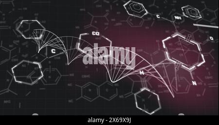 Bild chemischer Strukturen über sich drehenden dna-Strangdrehungen auf schwarzem Hintergrund Stockfoto