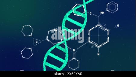 Bild chemischer Strukturen über sich drehenden dna-Strangdrehungen auf blauem Hintergrund Stockfoto