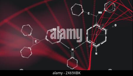 Bild chemischer Strukturen über sich drehenden dna-Strangdrehungen auf schwarzem Hintergrund Stockfoto
