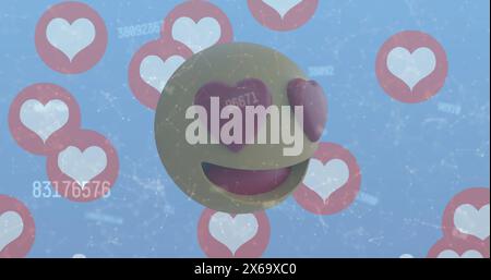 Bild mehrerer Herzsymbole und Netzwerk von Verbindungen über Herzaugen Gesichts-Emoji Stockfoto