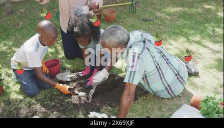 Bild von Pflanzensykonen über afroamerikanischer Familie im Garten Stockfoto