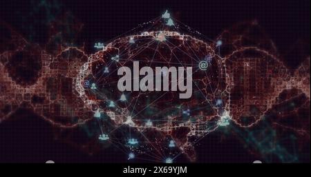 Bild eines Netzwerks digitaler Symbole über sich drehende menschliche Gehirnsymbole und digitale Welle Stockfoto