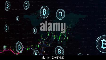 Abbildung von Bitcoin-Symbolen über der Verarbeitung von Finanzdaten anhand der Weltkarte Stockfoto