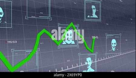 Bild der grünen Linie und der Verarbeitung von Finanzdaten über biometrische Fotos Stockfoto